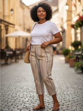 Tommy Bahama Beige and Tan Vertical-Stripe Cropped Capris